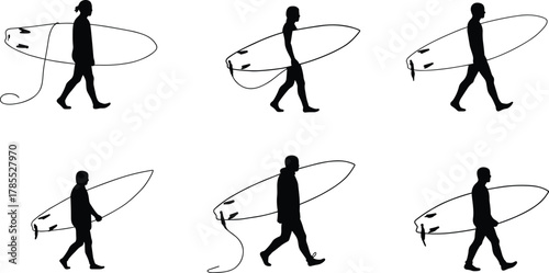 Silhouette surfers walking with surfboards, beach lifestyle vector illustration, surfing culture design, coastal holiday activity, summer ocean sports, active outdoor recreation artwork
