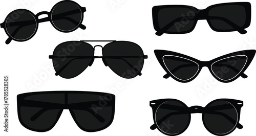 Sunglasses silhouette collection with fashion styles, round, aviator, cat‑eye, wraparound and rectangular frames, vector illustration set for summer accessories and eyewear design