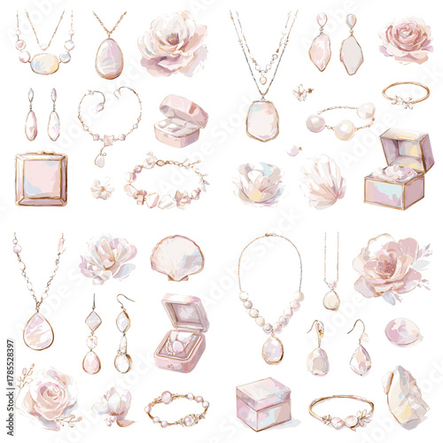 Romantic watercolor jewelry set featuring pearls, gemstones, roses, gift boxes, and elegant gold details in soft pink tones. Ideal for bridal themes, invitations, and luxury branding.
