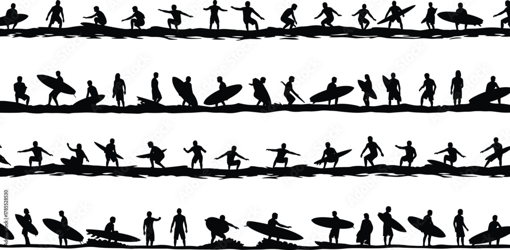 Naklejka premium Surfer silhouette sequence vector, surfboard and wave illustration, surfing posture design, coastal lifestyle graphic, summer sport icon, tropical beach activity art