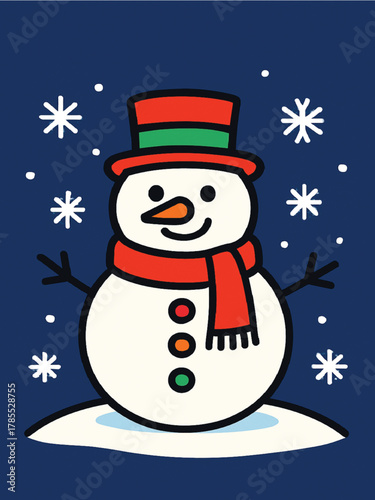 Cheerful Cartoon Snowman with Red Scarf and Top Hat