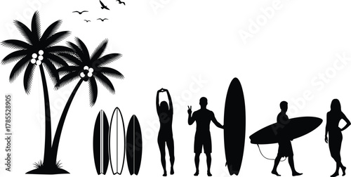 Tropical beach lifestyle silhouette vector, palm tree and surfboard illustration, summer vacation design, leisure activity graphic, coastal holiday symbol, surfing art