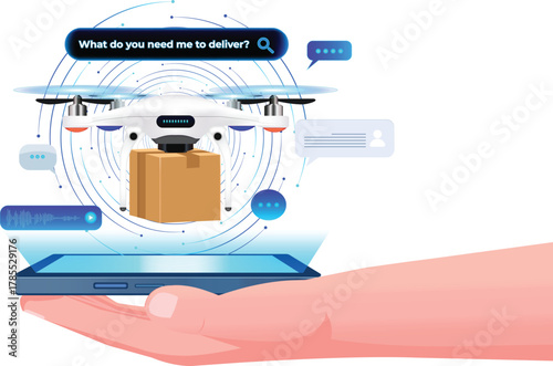 Transparent Fast and efficient drone delivery service powered by AI-driven virtual assistant. Futuristic chatbot design for smartphones streamlines orders and tracks drone-delivered products
