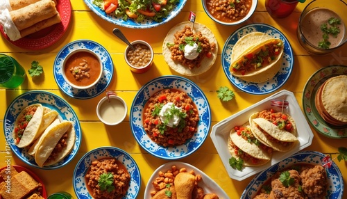 Fototapeta Naklejka Na Ścianę i Meble -  Assorted Mexican dishes laid out on bright yellow table. Various food items like tacos, beans, salad, and meat dishes are presented in decorative plates. Some plates show small flags.