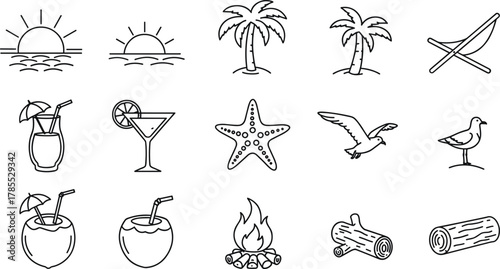 Tropical vacation icon collection, sun, palm trees, birds, cocktails, starfish, coconut drinks, campfire, beach lounge chair vector illustration set for summer holiday design