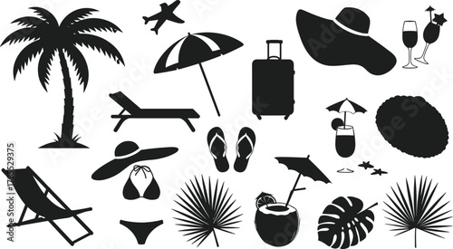 Tropical vacation silhouette icon set, palm tree and umbrella vector, suitcase and hat design, summer leisure accessories, travel holiday graphic, resort relaxation art