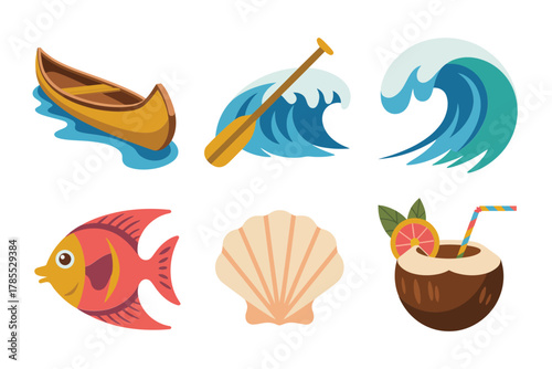 Outline vector icons for tropical coastal scenery, illustrating canoe, paddle, crashing wave, fish, and coconut cocktail,
