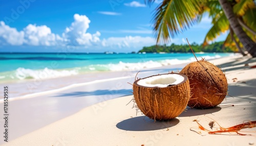 Wallpaper Mural Two fresh coconuts, one cut open, rest on a pristine white sand beach with crystal-clear turquoise water gently lapping at the shore under a bright blue sky with fluffy white clouds. Torontodigital.ca
