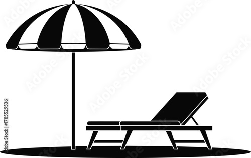 Beach umbrella and lounge chair silhouette vector, summer vacation icon, outdoor leisure design, tropical holiday graphic, resort relaxation symbol, poolside art
