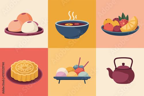 Flat vector icons for Asian cuisine and culture, showing bowls of food, mooncake, fruit, and traditional teapot,