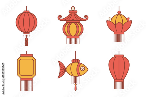 Outline icons for Chinese spring festival, showing various paper lanterns, festive decorations, and good luck symbols,