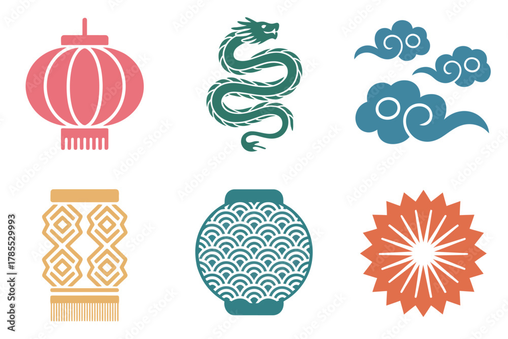 Fototapeta premium Flat vector icons for Lunar New Year, featuring dragons, clouds, and traditional paper lanterns in various shapes,