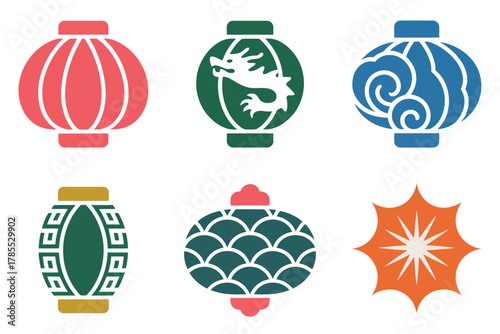 Outline icons for decorative Chinese lanterns, illustrating dragon, sea wave, and star patterns in different shapes,