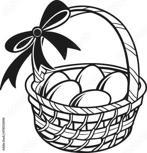Outline vector of a woven basket filled with eggs and a ribbon bow