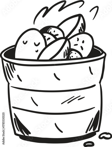 Hand drawn doodle illustration of potatoes in a rustic bucket