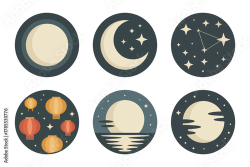Flat vector icons for nocturnal nature and astronomy, showing moon phases, stars, constellations, crescent moon, and peaceful nighttime scenery,