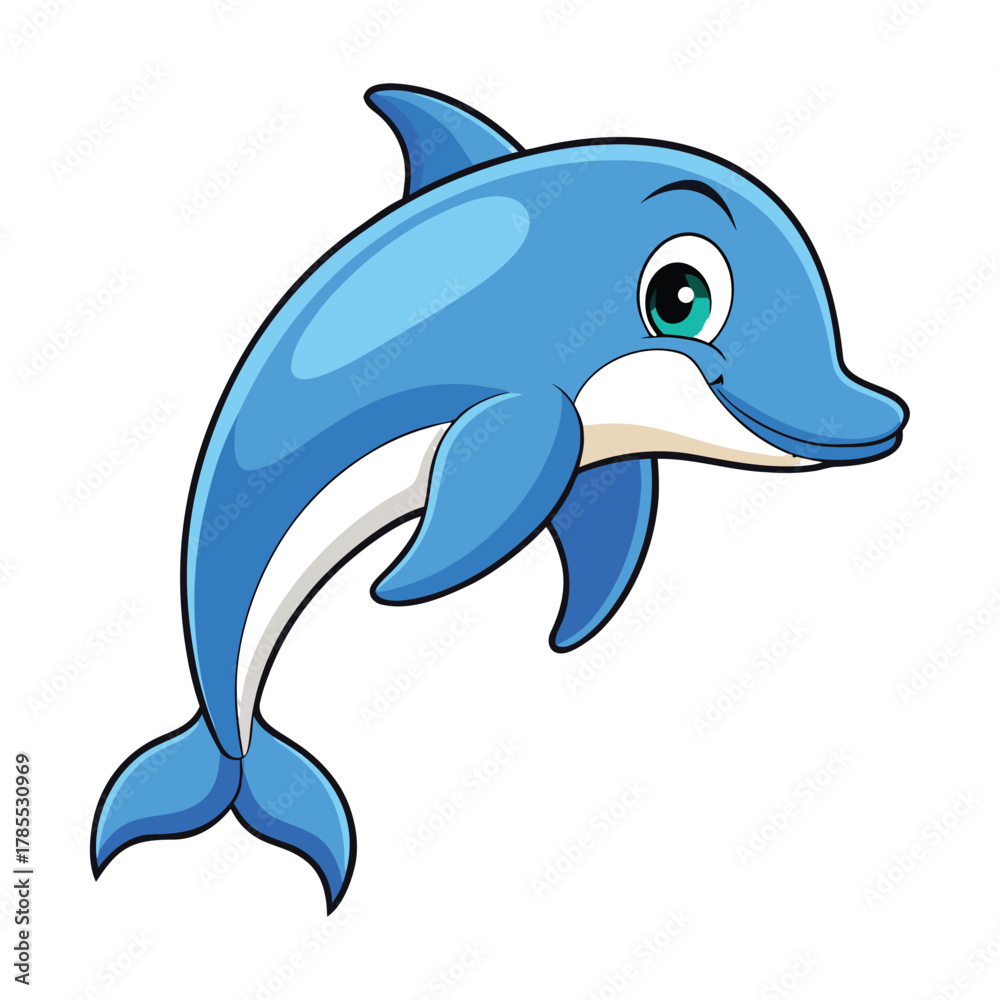 Fototapeta premium Friendly cartoon blue dolphin jumping isolated on a background