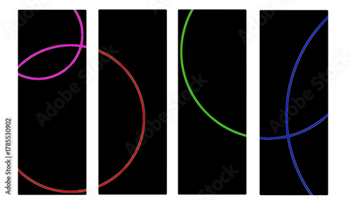 Colorful overlapping circles on black. Minimalist geometric lines in red, green, blue, and magenta. Bold modern abstract design with glowing curves.