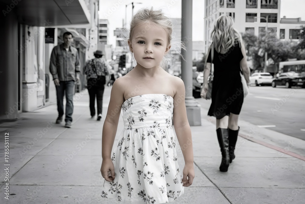 Naklejka premium Young girl looking at camera on city sidewalk