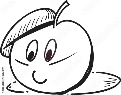 Cute hand drawn smiling apple character wearing a little beret