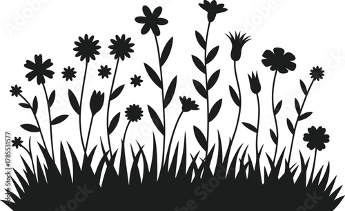 Black silhouette of a flower bed with various wildflowers and grass on a white background