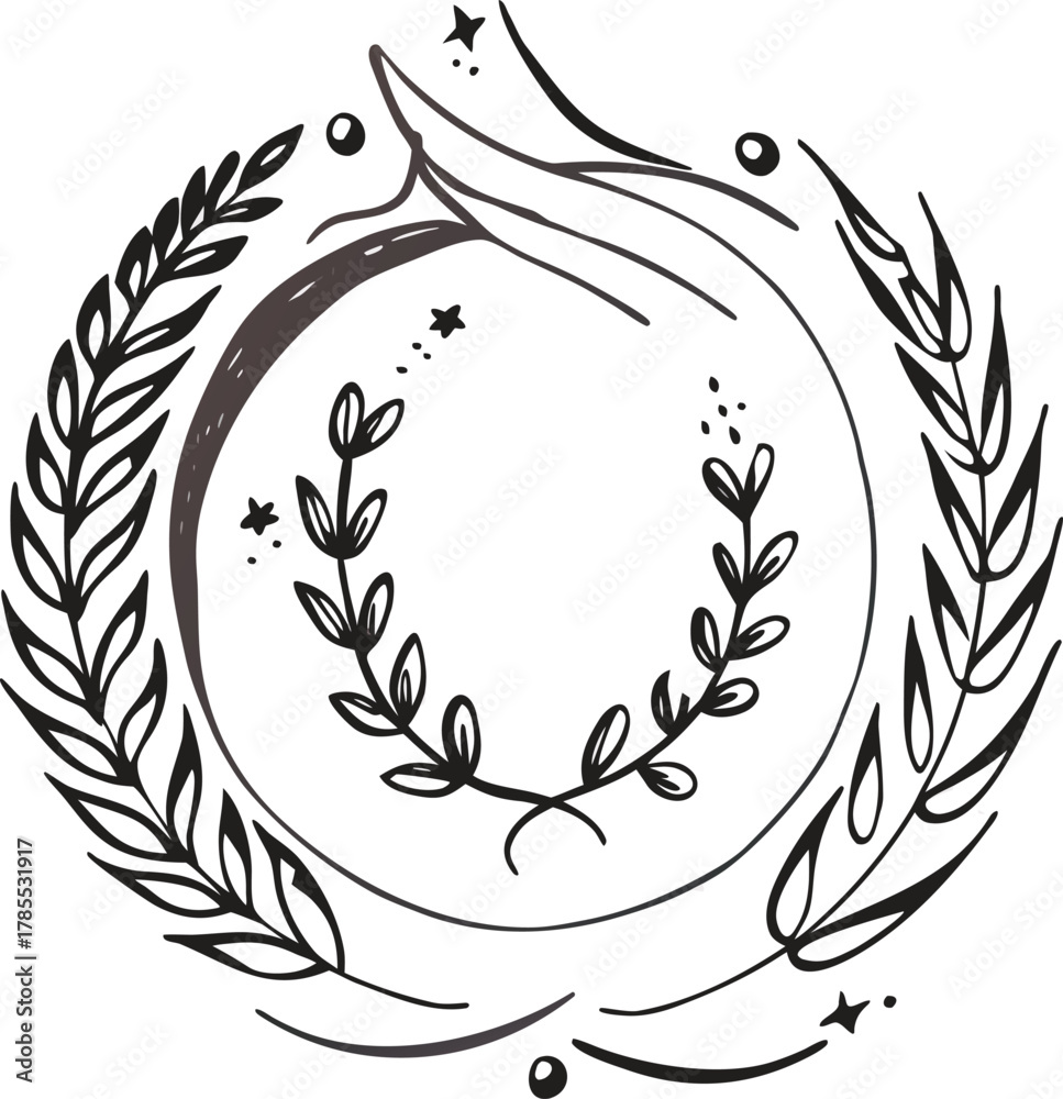 Obraz premium Elegant hand-drawn laurel wreath with organic floral elements