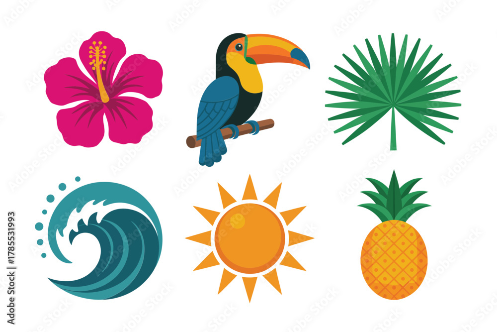 Obraz premium Flat vector icons for tropical summer vacation, featuring hibiscus, toucan bird, palm leaf, wave, sun, and pineapple fruit,