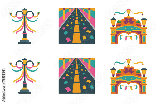 Detailed flat vector icons for festive carnival street scene, featuring palm trees, road, lights, parade arches, and decorations,