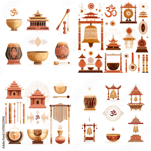 Watercolor set of Hindu temples, bells, gongs, bowls, and spiritual symbols in warm earthy tones. Ideal for cultural, meditation, religious, and traditional Indian themes.