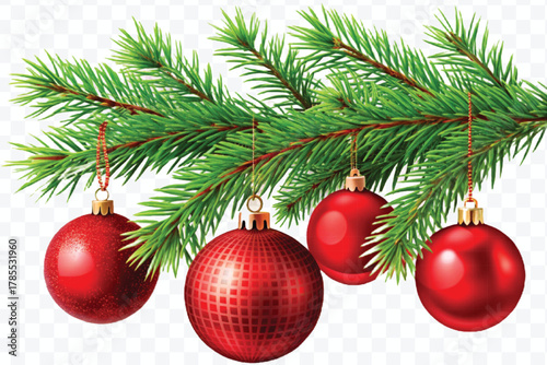 red decoration balls hanging from christmas tree branch isolated on transparent background 
