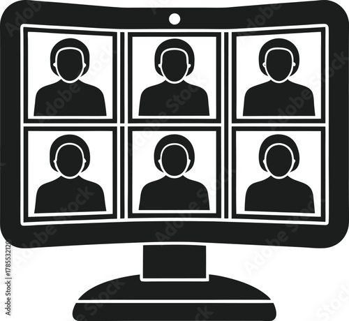 Video call meeting grid with six silhouette participants on screen