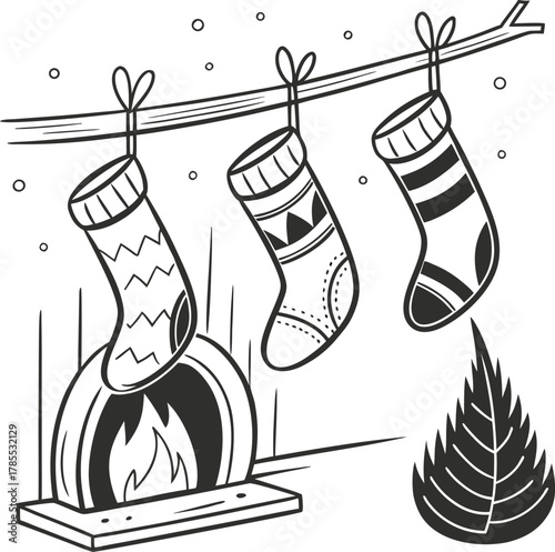 Cozy christmas stockings hanging over a warm festive fireplace