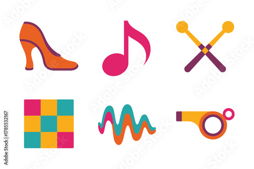 Flat vector icons for musical instruments and party, featuring high heel shoe, musical notes, whistle, maraca, and checkered pattern,