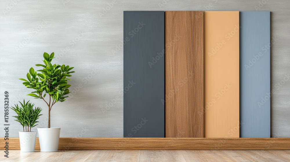 Fototapeta premium Modern interior design features minimalist setup with potted plant and vertical wooden panels in various colors against neutral wall, creating serene atmosphere