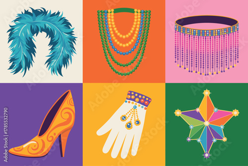 Flat vector icons for Mardi Gras costume accessories, showing feather boa, elegant shoe, white glove, necklace, and star badge,