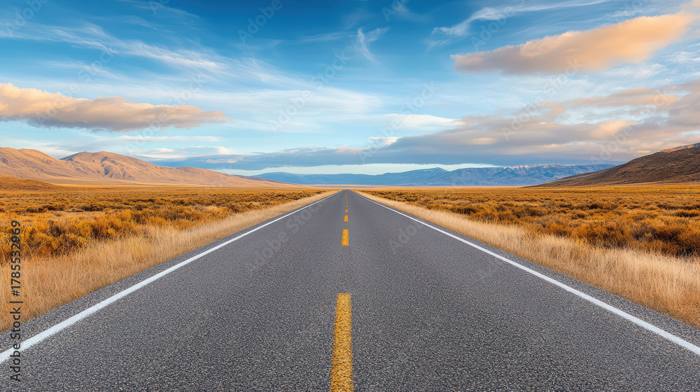Naklejka premium Road stretches into horizon across open plains under blue sky with clouds, creating sense of freedom and adventure