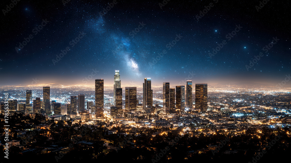 Obraz premium Stunning view of city skyline at night with starry sky and bright city lights. tall buildings are illuminated, creating beautiful contrast against dark sky