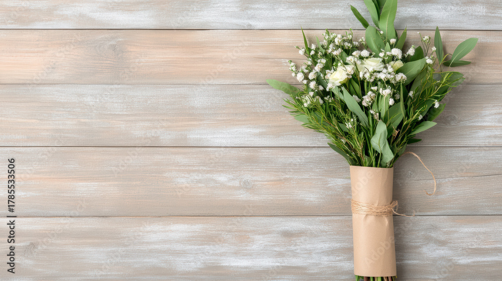 Naklejka premium Rustic DIY flower bouquet wrapped in kraft paper with string, featuring white flowers and green leaves, lies on wooden surface