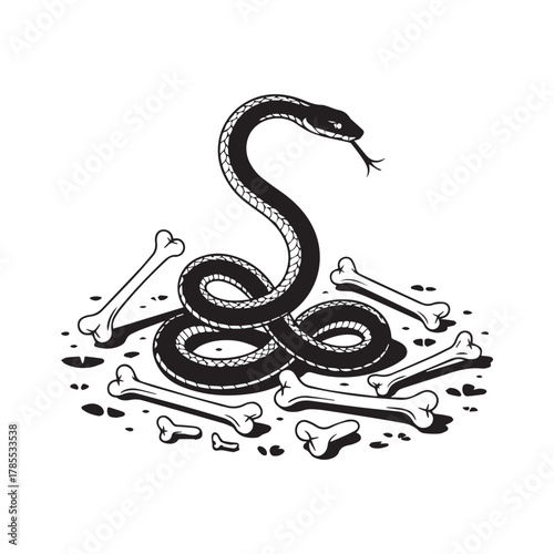 Snake coiled around bones