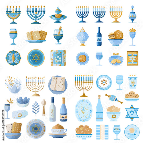 A charming Judaica set of menorahs, challah, matzah, wine cups, plates, dreidels, and festive elements in blue and gold tones for holiday celebrations.