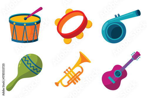 Flat vector icons for festive music, featuring parade drum, tambourine, whistle, maraca, trumpet, and celebratory guitar instrument,