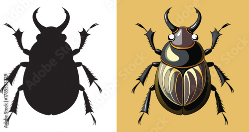 Striking scarab beetle illustration with detailed design and silhouette, perfect for educational materials, nature studies, or unique graphic elements