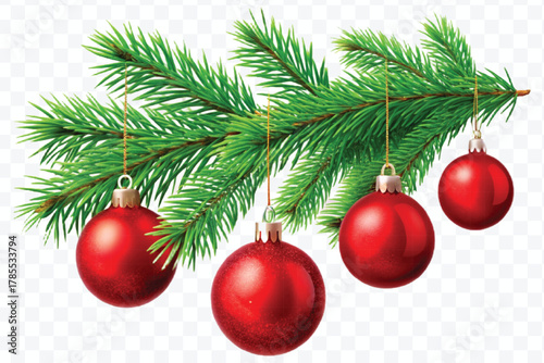 red decoration balls hanging from christmas tree branch isolated on transparent background 