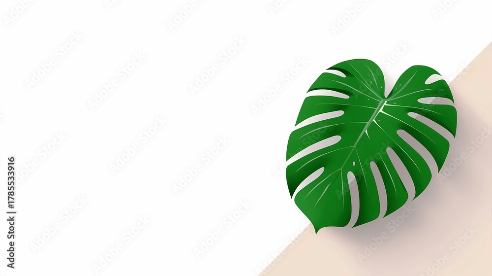 Fototapeta premium Monstera adansonii, tropical leaf, vector leaf, green foliage, botanical illustration, tropical background, right side composition, minimal design, flat vector, eco design, tropical plant