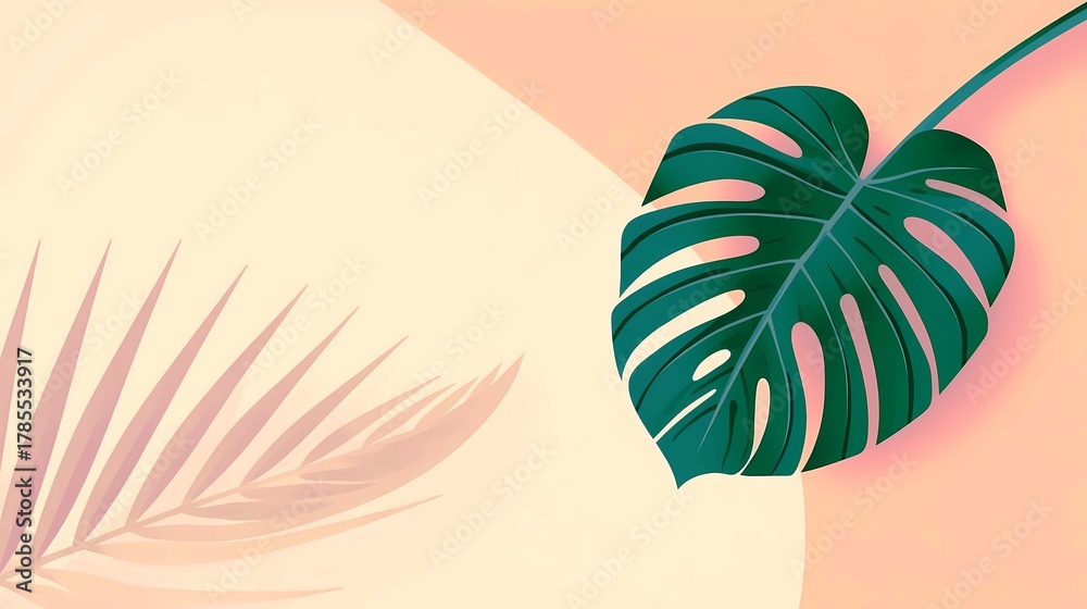 Fototapeta premium Monstera adansonii, tropical leaf, vector leaf, green foliage, botanical illustration, tropical background, right side composition, minimal design, flat vector, eco design, tropical plant