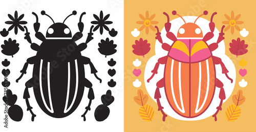 Playful insect duo with floral accents brings a whimsical touch, perfect for children's designs or nature-themed crafts with organic color palettes