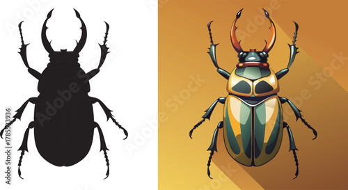 Stunning Stag Beetle Illustration with Striking Silhouette, Perfect for Educational Materials and Unique Designs, Showcasing Nature's Intricate Beauty