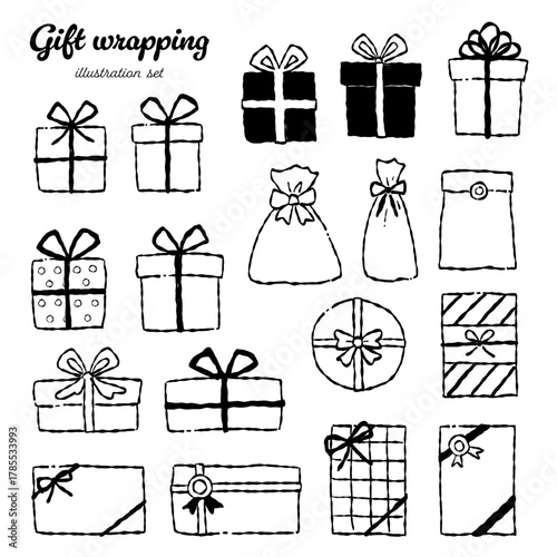 手描きのプレゼントイラストセット(モノクロ線画)