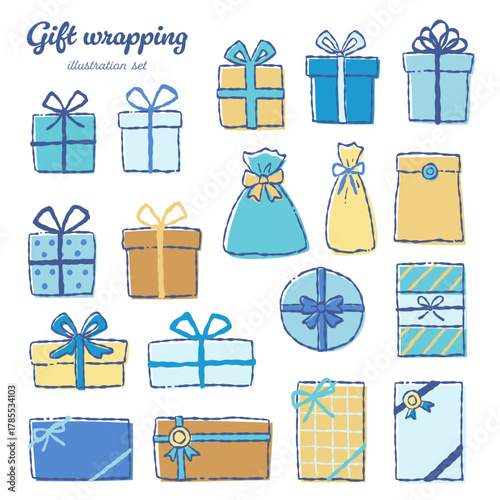 手描きのプレゼントイラストセット(寒色系カラー)