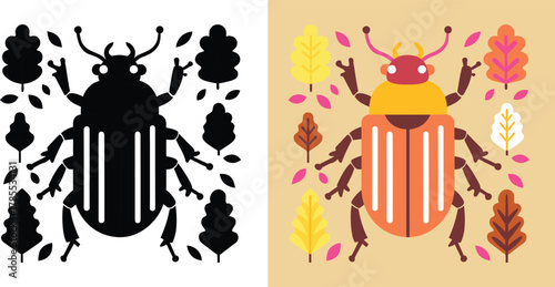 Delightful beetle illustration with warm autumn leaves, perfect for nature-themed designs and playful seasonal projects, bringing a touch of whimsical charm